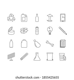 Juego de iconos de basura. Colección de iconos de goma. Vector de trazo editable, aislado en fondo blanco.