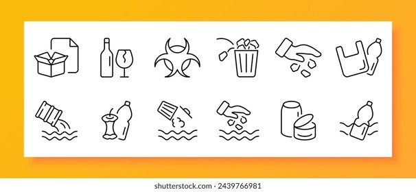 Garbage icon set. Toxic waste, tank, plastic bottle, organic waste, water, lake, river. Black icon on a white background. Vector line icon for business and advertising