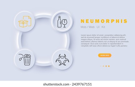 Conjunto de iconos de basura. Residuos tóxicos, tanque, botella de plástico, residuos orgánicos, agua, lago, río. Estilo neomorfista. Icono de línea vectorial para negocios y publicidad