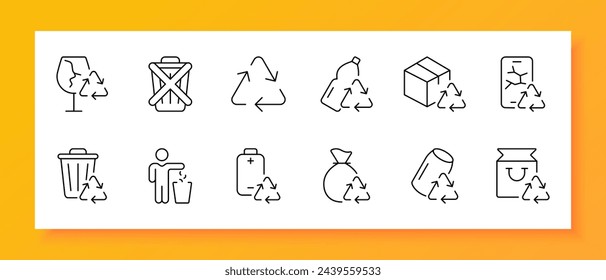 Garbage icon set. Wineglass. fragile goods, recycling, battery, fragments, glass. Black icon on a white background. Vector line icon for business and advertising