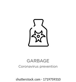 Garbage icon. Thin linear garbage outline icon isolated on white background from Coronavirus Prevention collection. Modern line vector sign, symbol, stroke for web and mobile