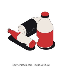 Icono de basura con tres ilustraciones vectoriales de botellas rotas isométricas usadas