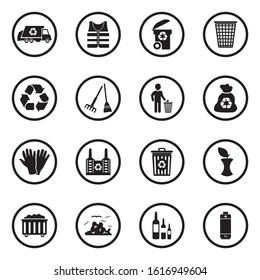 Garbage Icons. Black Flat Design In Circle. Vector Illustration.