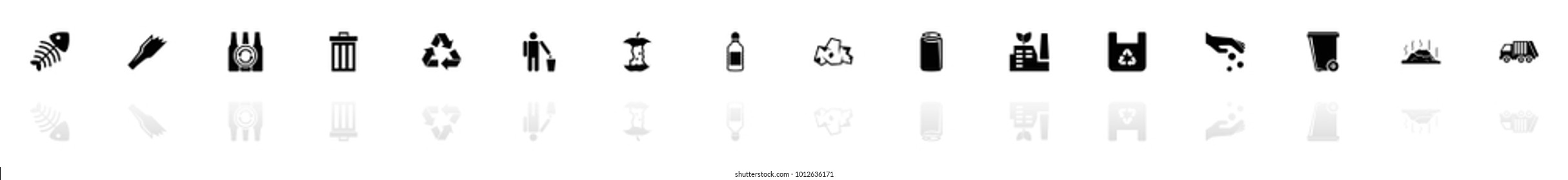 Garbage icons - Black horizontal Illustration symbol on White Background with a mirror Shadow reflection. Flat Vector Icon.