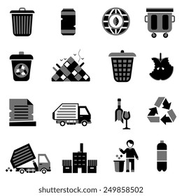 Garbage icons black set with trash can environment ecology waste symbols isolated vector illustration