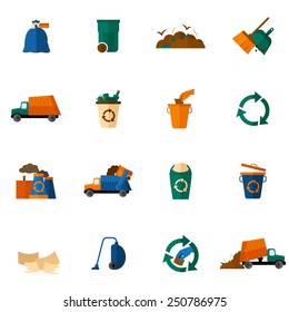 Garbage icons flat set with dumpster trash bin cleaning bulldozer isolated vector illustration