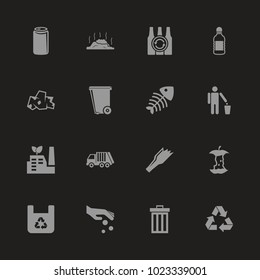 Garbage icons - Gray symbol on black background. Simple illustration. Flat Vector Icon.