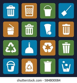 garbage icons set. Set of 16 garbage filled icons such as dustpan, trash bin, bucket, trash bag, recycle
