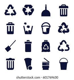 garbage icons set. Set of 16 garbage filled icons such as trash bin, dustpan, recycle, bucket, trash bag