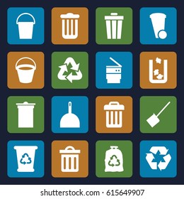 Garbage icons set. set of 16 garbage filled icons such as bucket, trash bin, dustpan, recycle bin, trash bag, recycle