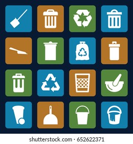 Garbage icons set. set of 16 garbage filled icons such as trash bin, dustpan, bucket, trash bag, recycle, delete trash bin
