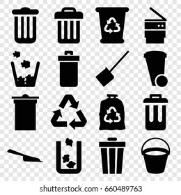 Garbage icons set. set of 16 garbage filled icons such as bucket, trash bin, dustpan, recycle bin, trash bag, bin