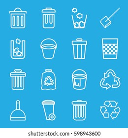 garbage icons set. Set of 16 garbage outline icons such as trash bin, bucket, dustpan, recycle, trash bag, delete trash bin