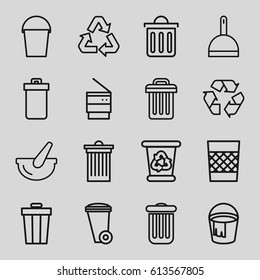 Garbage icons set. set of 16 garbage outline icons such as trash bin, dustpan, recycle bin, bucket, recycle