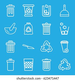 Garbage icons set. set of 16 garbage outline icons such as trash bin, dustpan, recycle bin, recycle, trash bag, bucket