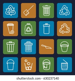 Garbage icons set. set of 16 garbage outline icons such as trash bin, bucket, dustpan, recycle