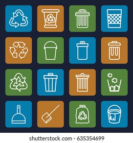 Garbage icons set. set of 16 garbage outline icons such as trash bin, dustpan, recycle bin, recycle, bucket, trash bag