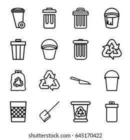 Garbage icons set. set of 16 garbage outline icons such as trash bin, bucket, dustpan, recycle bin, trash bag, bin