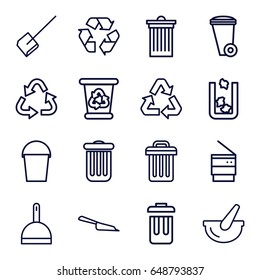 Garbage icons set. set of 16 garbage outline icons such as trash bin, dustpan, recycle bin, recycle, bucket