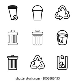 Garbage icons. set of 9 editable outline garbage icons such as trash bin, recycle
