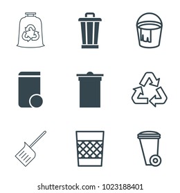 Garbage icons. set of 9 editable filled and outline garbage icons such as trash bin, bucket, recycle, dustpan
