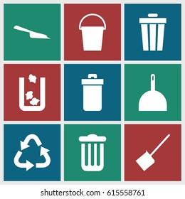 Garbage icons set. set of 9 garbage filled icons such as trash bin, dustpan, recycle