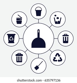 Garbage icons set. set of 9 garbage filled icons such as dustpan, recycle bin, bucket, trash bin, bin
