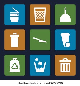 Garbage icons set. set of 9 garbage filled icons such as trash bin, dustpan, trash bag