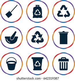 Garbage icons set. set of 9 garbage filled icons such as bucket, dustpan, trash bin, recycle bin, trash bag