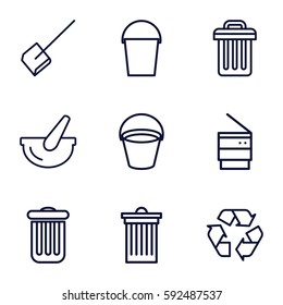 garbage icons set. Set of 9 garbage outline icons such as bucket, dustpan, trash bin