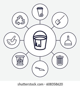 Garbage icons set. set of 9 garbage outline icons such as dustpan, trash bin, recycle bin, recycle