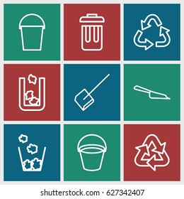 Garbage icons set. set of 9 garbage outline icons such as trash bin, bucket, dustpan, recycle