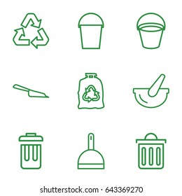 Garbage icons set. set of 9 garbage outline icons such as bucket, dustpan, trash bag, delete trash bin, bin
