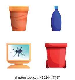 Ícones de lixo definem o vetor de desenhos animados. Equipamento e utensílio informático antigo. Conceito de reciclagem
