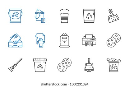 garbage icons set. Collection of garbage with bucket, dustpan, sponge, waste, broom, shredder, paper bin, cleaning, inbox, recycle bin. Editable and scalable garbage icons.