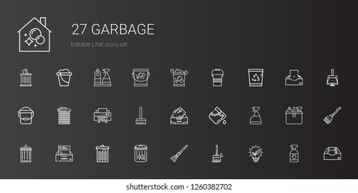 garbage icons set. Collection of garbage with renewable energy, broom, trash, inbox, window cleaner, bucket, shredder, recycle bin, cleaning. Editable and scalable garbage icons.