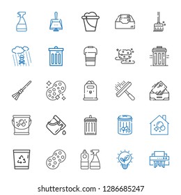 garbage icons set. Collection of garbage with shredder, renewable energy, window cleaner, sponge, recycle bin, housekeeping, trash, bucket. Editable and scalable garbage icons.