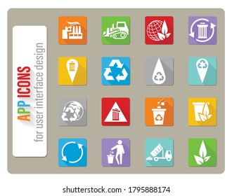 garbage icons set in flat design with long shadow