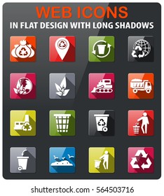 garbage icons set in flat design with long shadow