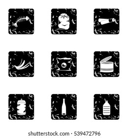 Garbage icons set. Grunge illustration of 9 garbage vector icons for web