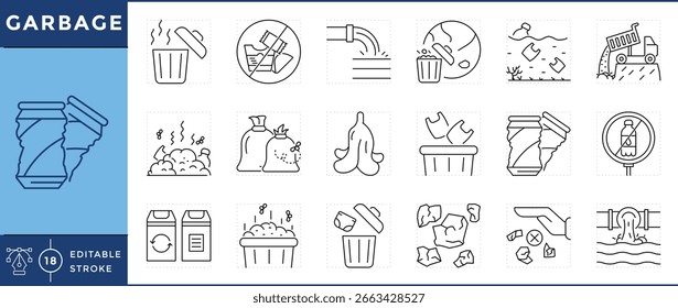 Garbage Icons gesetzt. Mülleimer, Taschen, Kanalisation, Streu, Bananenschale, zerkleinertes Papier, Plastikflasche, Deponie und vieles mehr. Bearbeitbarer Vektorstrich.
