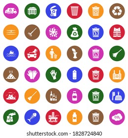 Garbage Icons. White Flat Collection In Circle. Vector Illustration.