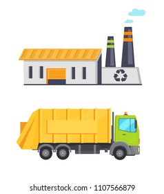 Garbage infographic elements, truck transporting waste to building with recycle sign, conservation of nature and recycling process vector illustration