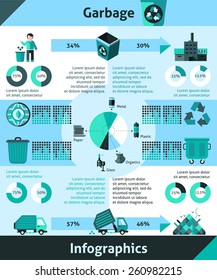 Garbage infographics set with cleaning and recycling symbols and charts vector illustration