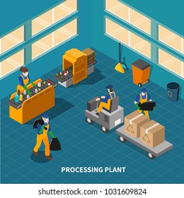 Garbage Isometric Composition With Shop Floor Interior Of Waste Recycling Processing Plant With Machines And People Vector Illustration