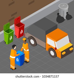 Garbage isometric composition with two human characters of collection workers carrying rubbish bin towards sanitation truck vector illustration