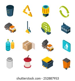 Garbage Isometric Icons Set With Trash Can Recycling Symbol And Truck Isolated Vector Illustration