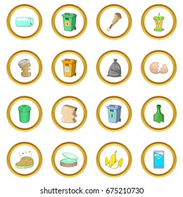 Garbage items icons circle gold in cartoon style isolate on white background vector illustration