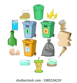 Garbage items icons set. Cartoon illustration of 16 garbage items vector icons for web
