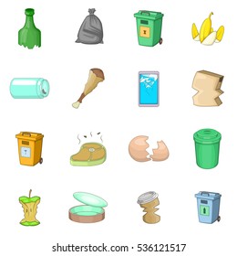 Garbage items icons set. Cartoon illustration of 16 garbage items vector icons for web